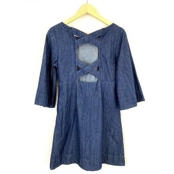 UO COOPERATIVE Brooklyn Dress Blue Denim Mini Bell Sleeve Cross Back Size 4 - Picture 4 of 10